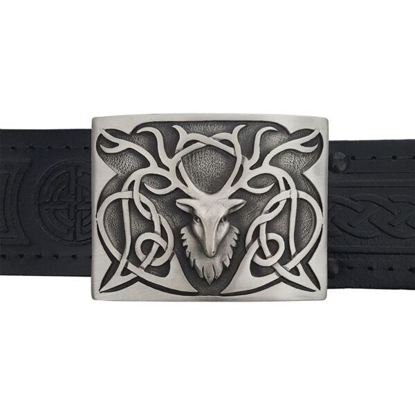 A Stags Head Pewter Kilt Belt Buckle with a celtic design.