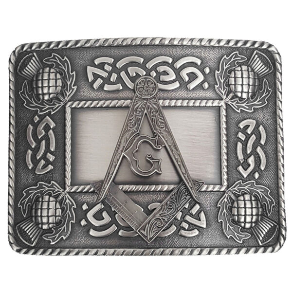 An Masonic Antiqued Thistle Kilt Belt Buckle featuring a masonic symbol.