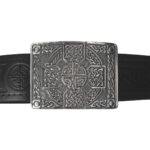 An antiqued Celtic Cross Kilt Belt Buckle with a Celtic design on it.