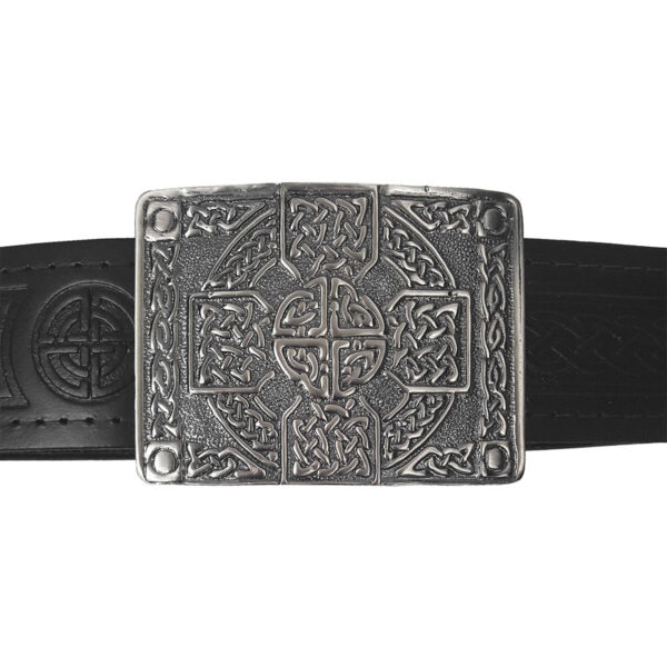 An antiqued Celtic Cross Kilt Belt Buckle with a Celtic design on it.