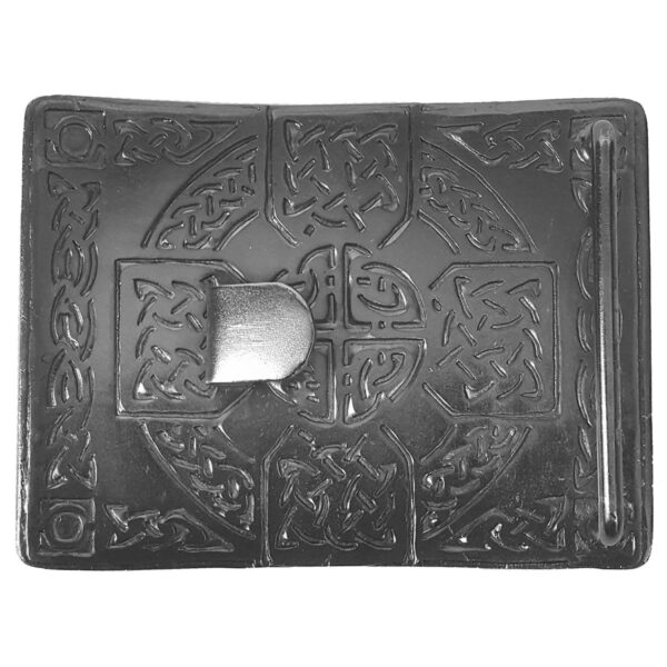 An Antiqued Celtic Cross Kilt Belt Buckle with a Celtic Cross design on it.