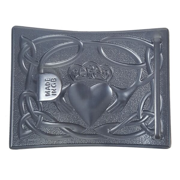 An Irish Claddagh Kilt Belt Buckle with a heart, perfect for kilt wearers.