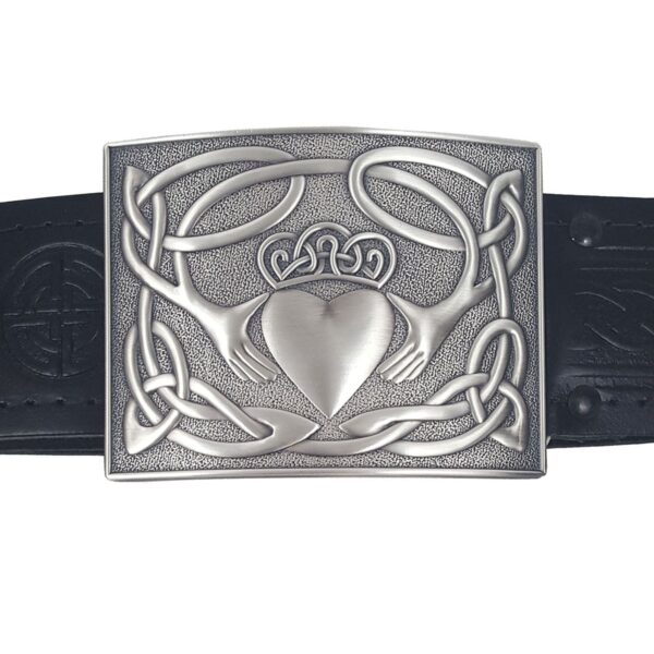 An Irish Claddagh Kilt Belt Buckle with a heart design, perfect for pairing with a kilt.