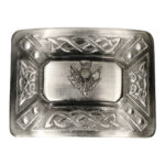 An Antiqued Thistle Kilt Belt Buckle featuring a Scottish thistle design.