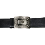A black leather belt with the Antiqued Thistle Kilt Belt Buckle.