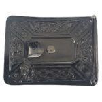 An Antiqued Thistle Kilt Belt Buckle with celtic designs on it.