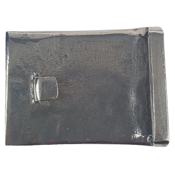 A black leather wallet with a metal clasp featuring a Celtic Cross Pewter Kilt Belt Buckle.