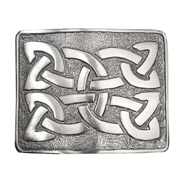 A silver celtic belt buckle with an intricate design, paired with a Quality Belt and Buckle Bundle.