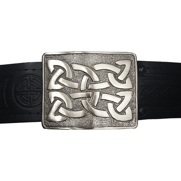 An antiqued Celtic weave belt buckle with a celtic knot on it. (Replace "Celtic weave belt buckle" with "Celtic Weave Antiqued Kilt Belt Buckle")