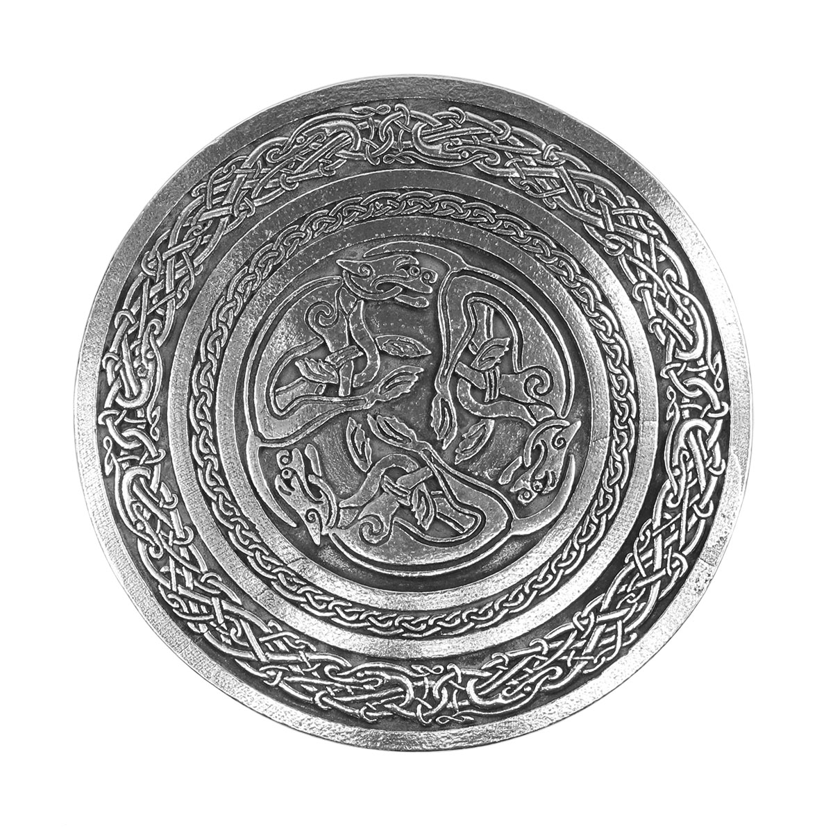 A silver plate with a Celtic Hounds Pewter Kilt Belt Buckle design on it.