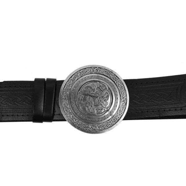 A black leather belt with a Celtic Hounds Pewter kilt belt buckle.