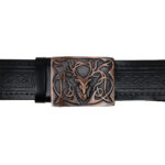 A black leather belt with a Stag's Head Bronze Kilt Belt Buckle design.