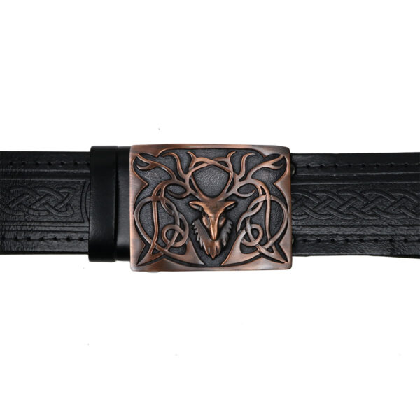 A black leather belt with a Stag's Head Bronze Kilt Belt Buckle design.