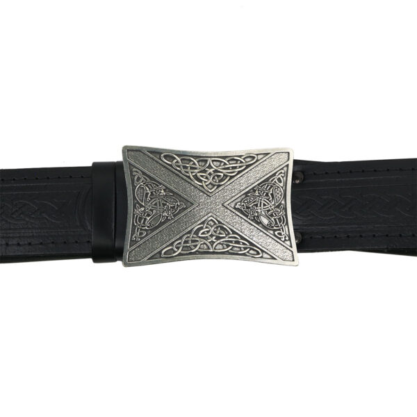 A Celtic-style black leather belt with the Book of Kells Saltire Kilt Belt Buckle.
