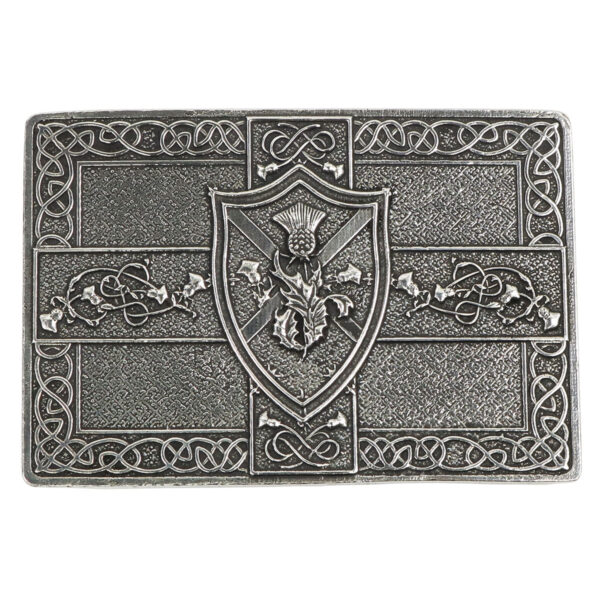 A Saltire and Thistle Shield Kilt Belt Buckle with a celtic design.