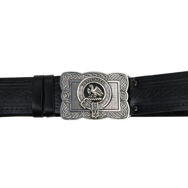 A black belt with a Scottish crest and Celtic Knot Scalloped Kilt Belt Buckle.