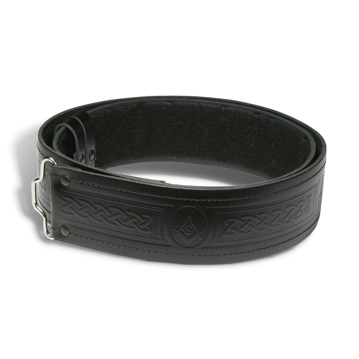 A Masonic Embossed Quality kilt belt with an ornate buckle.