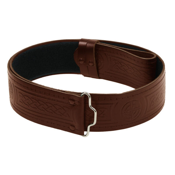 A brown leather belt with an ornate buckle.