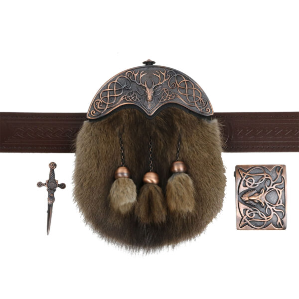 The Bronze Stag Kilt accessories bundle featuring a kilt adorned with fur and accompanied by a sword.