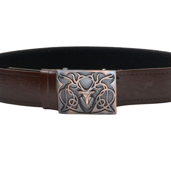 A Brown Stag Quality Leather Kilt Belt with an ornate buckle, made of quality leather.