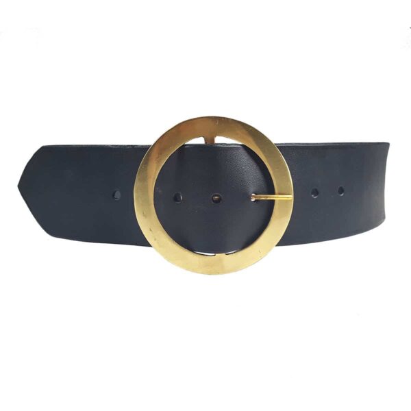 A black leather belt with a gold buckle featuring the 3 Inch Ring Leather Kilt Belt.