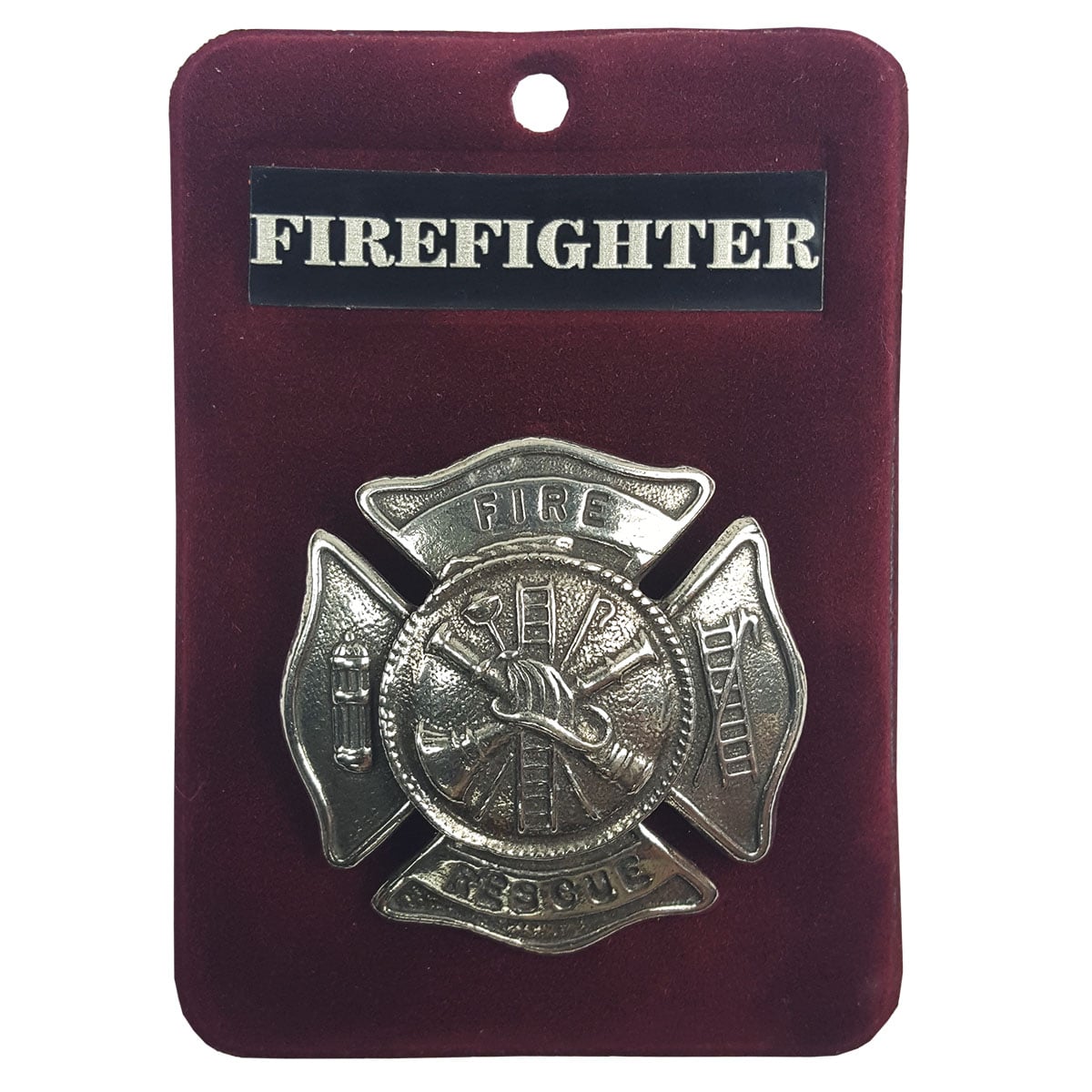 A Fire Rescue Firefighter Cap Badge/Brooch on a red background.
