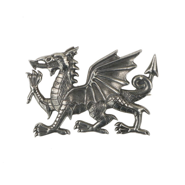 A Welsh Dragon Pewter Cap Badge/Brooch on a white background.