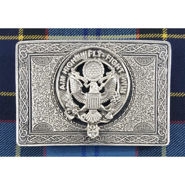 A U.S. Air Force Pewter Kilt Belt Buckle with an eagle on it, perfect for fans of the US Air Force.