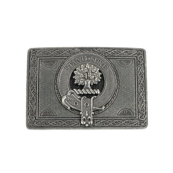 A Clan Crest Kilt Belt Buckle with a tree of life design.