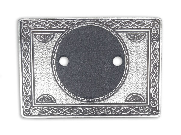 A silver Rectangular BLANK Pewter Belt Buckle with a black design on it.