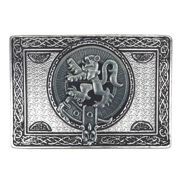 A silver Rampant Lion Pewter Kilt Belt Buckle with a rampant lion on it.