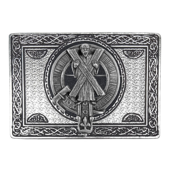A Saint Andrew's Cross Pewter Kilt Belt Buckle with an image of a man holding a cross, depicting the Saint Andrew's cross.