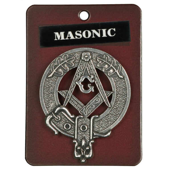 The Masonic emblem on a metal tag, also known as the Masonic Cap Badge/Brooch.