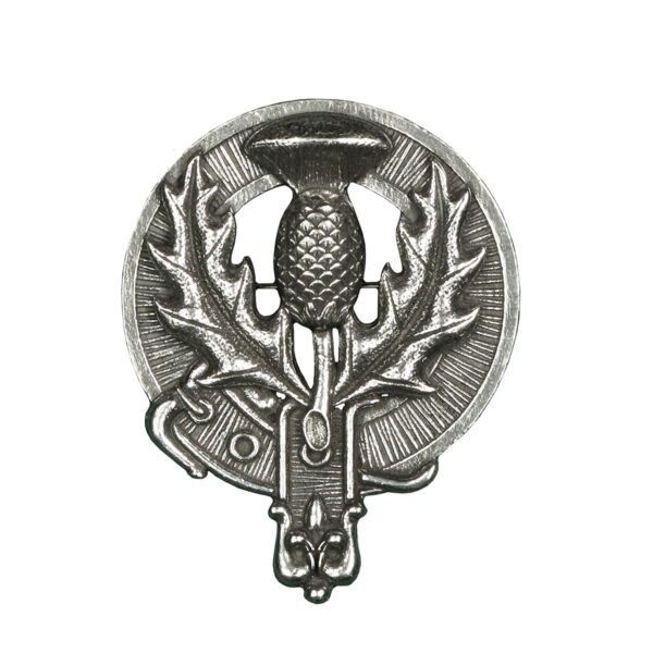A silver Scottish Thistle Cap Badge/Brooch on a white background.