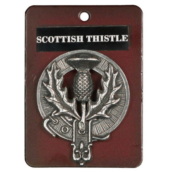 Scottish Thistle Cap Badge/Brooch on a red background.