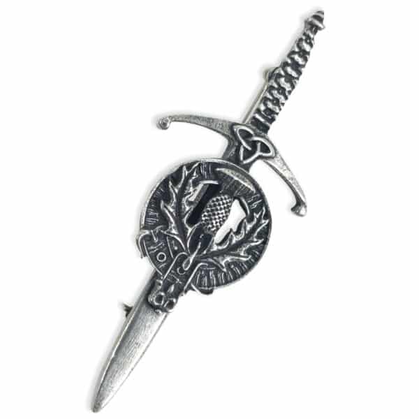 A Scottish Thistle Kilt Pin featuring a thistle emblem, with a sword accent.