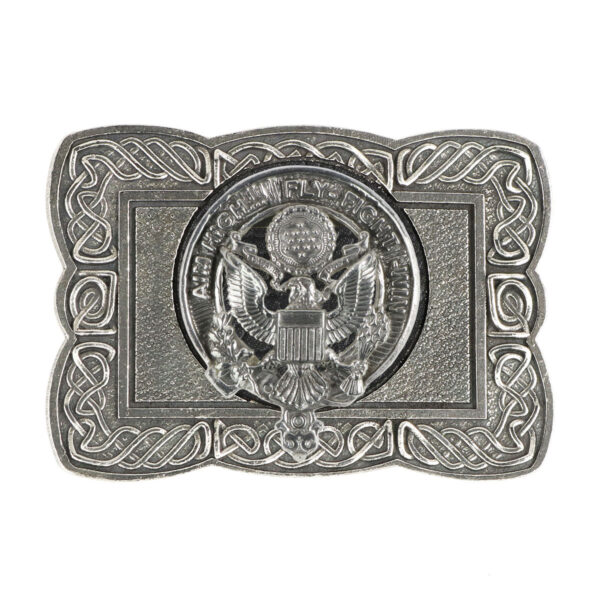 A U.S. Air Force Pewter Celtic Knot Kilt Belt Buckle with a silver eagle on it.