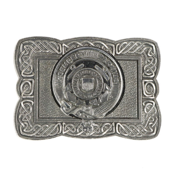 A U.S. Coast Guard Pewter Celtic Knot Kilt Belt Buckle with a celtic design on it made of pewter.