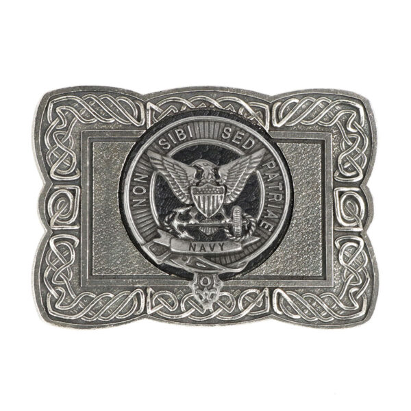 A silver U.S. Navy Pewter Celtic Knot Kilt Belt Buckle with an eagle on it, perfect for U.S. Navy enthusiasts looking for a high-quality pewter belt buckle.