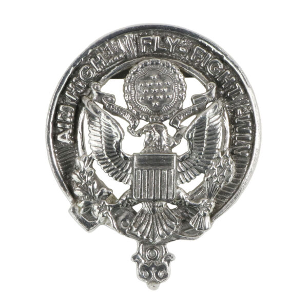 A silver badge with an eagle on it, resembling a U.S. Air Force Pewter Celtic Knot Kilt Belt Buckle.