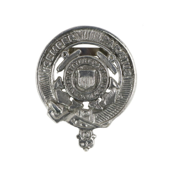 A U.S. Coast Guard Pewter Celtic Knot Kilt Belt Buckle with a U.S. Coast Guard emblem on it.