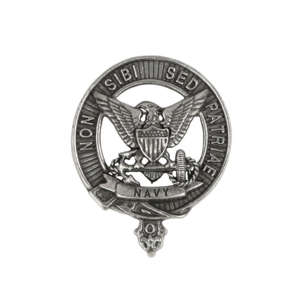A U.S. Navy Pewter Celtic Knot Kilt Belt Buckle with a metal badge featuring an eagle.