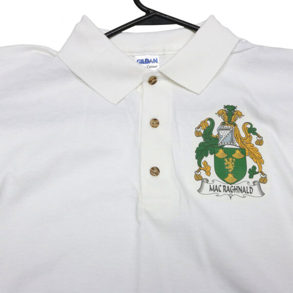 A MacRaghnald Coat of Arms Polo Shirt - Size Large, perfect for Scottish clan pride.