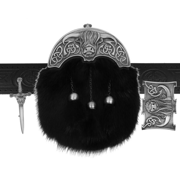 A black and silver Heilan Coo Kilt Accessories Bundle with a furry belt.