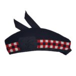 A black tartan hat with a bow, inspired by the Felted Wool Glengarry design.