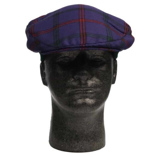 A mannequin wearing a purple and black plaid hat.