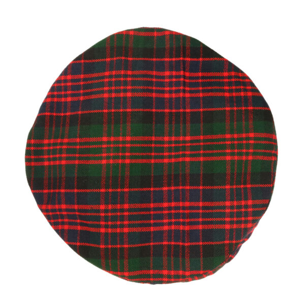 A round tartan hat with red, green and blue plaid.