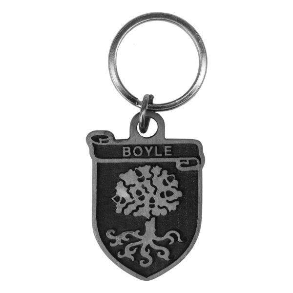 An Irish Coat of Arms keychain with the word Boyle engraved on a pewter medallion. 
Product Name: Irish Coat of Arms Key Chain