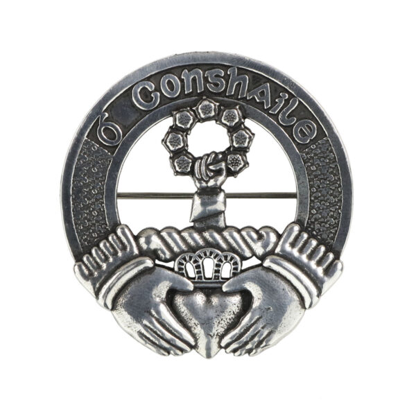 Irish Family Crest Cap Badge/Brooch featuring the iconic Claddagh symbol.