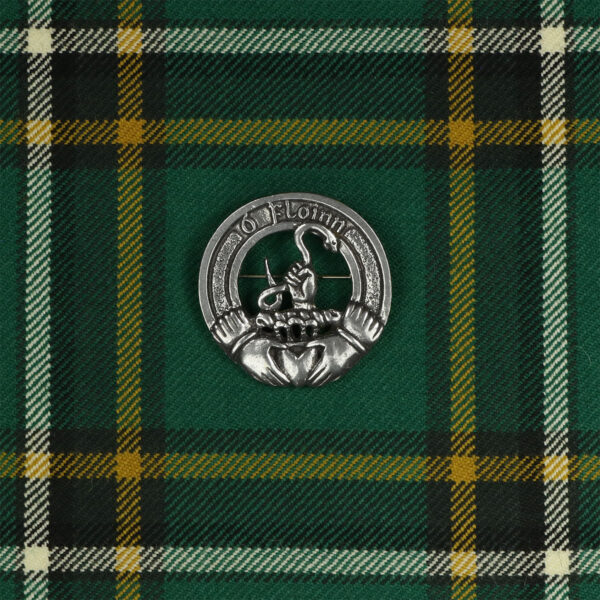 A green tartan badge with a Scottish clan crest on it, featuring the Irish Family Crest Cap Badge/Brooch.